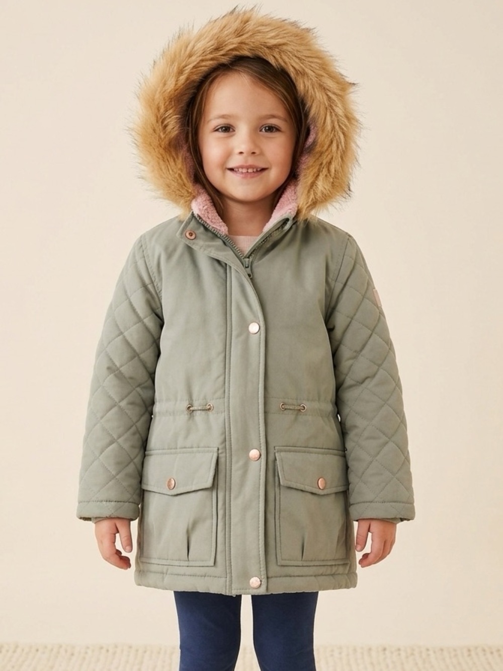 OshKosh B'gosh Girls Sage Green Puffer Coat with Faux Fur Hood